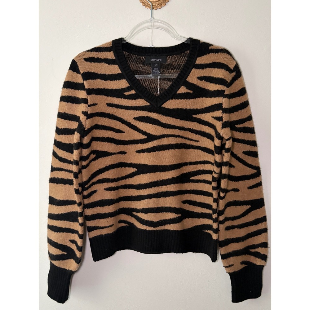 Karen Kane Womens Tiger Animal Print V-Neck Sweater Tan Black Long Sleeve XS